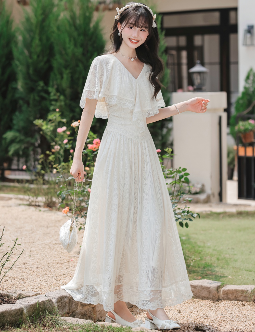 Boats sleeve lace A-line dress for women