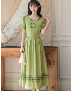 Pastoral style) slim dress pinched waist long dress