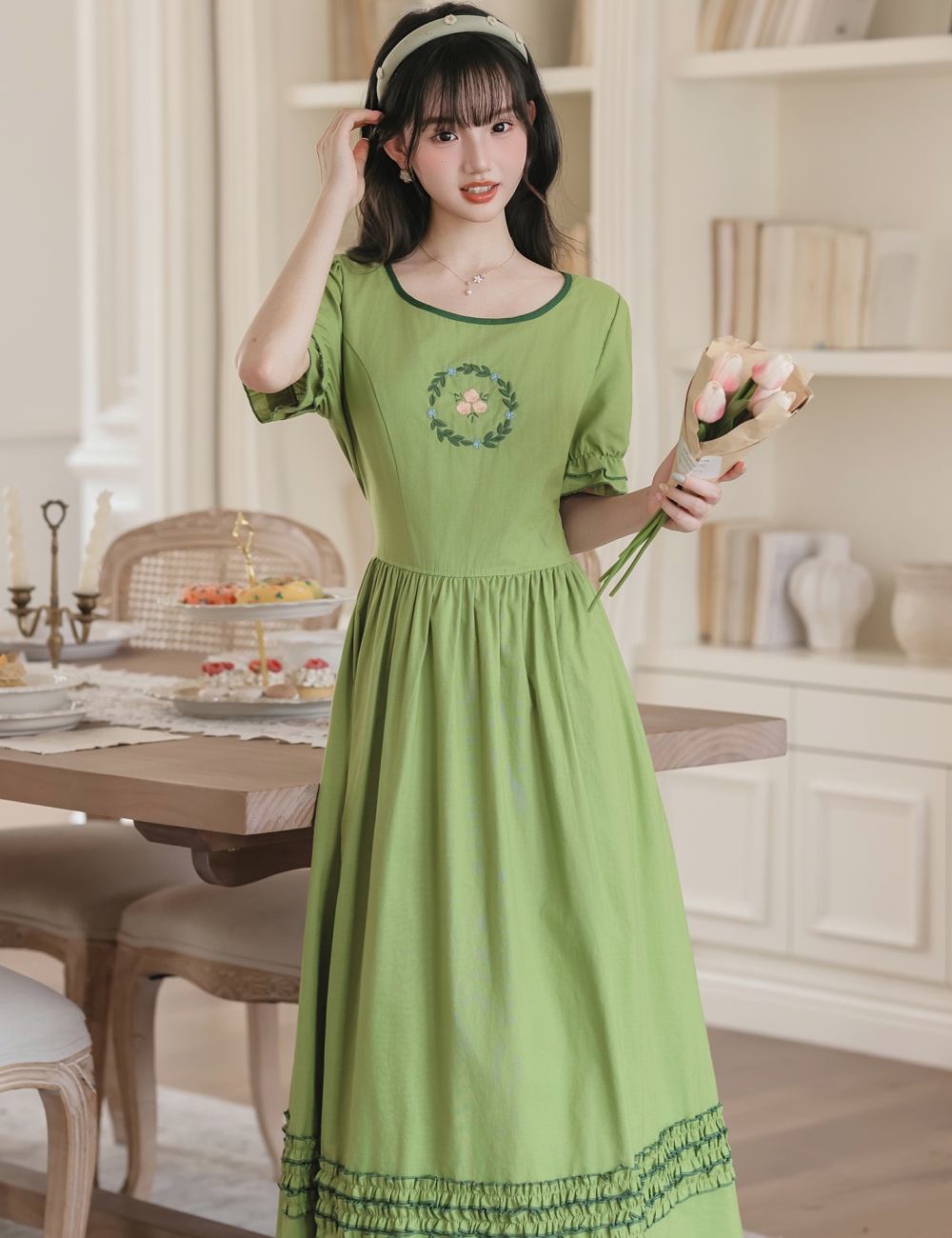 Pastoral style) slim dress pinched waist long dress