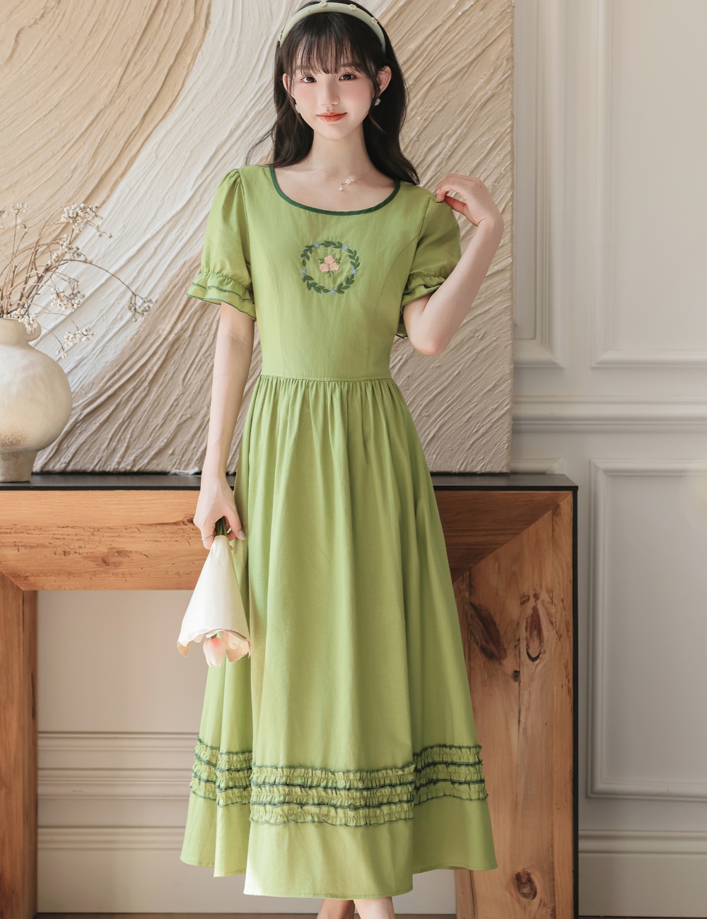 Pastoral style) slim dress pinched waist long dress
