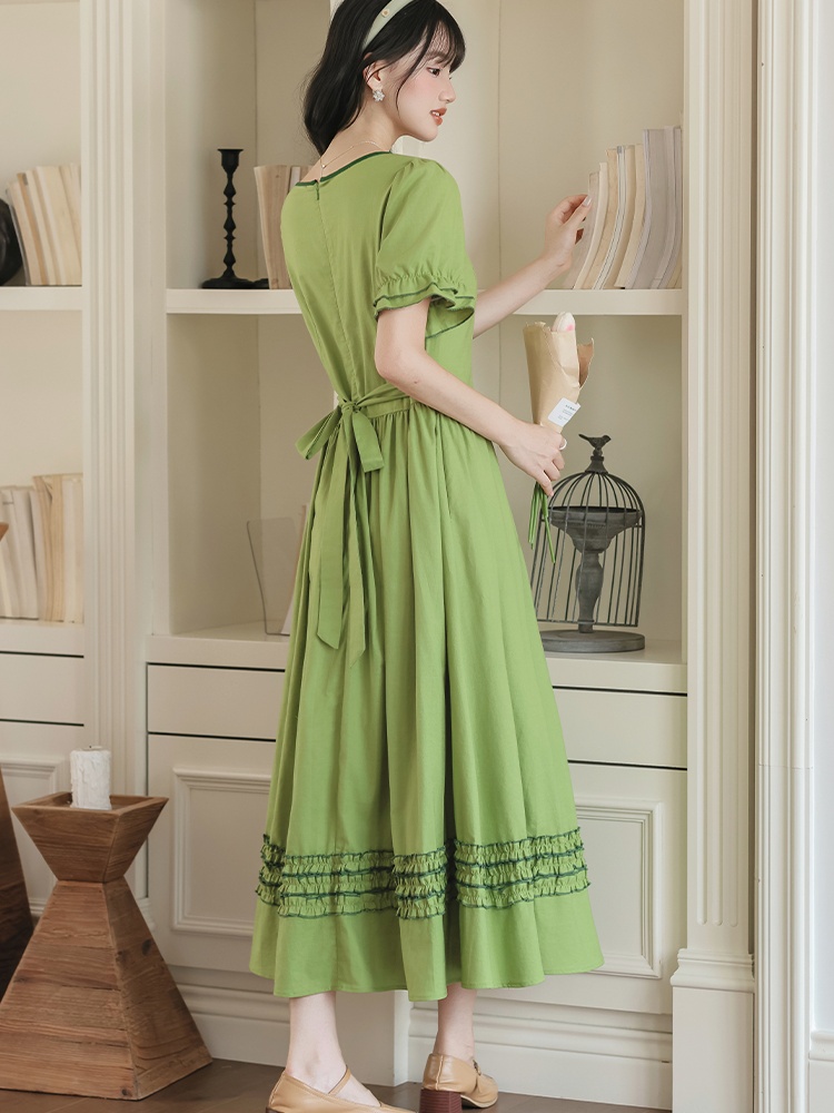 Pastoral style) slim dress pinched waist long dress