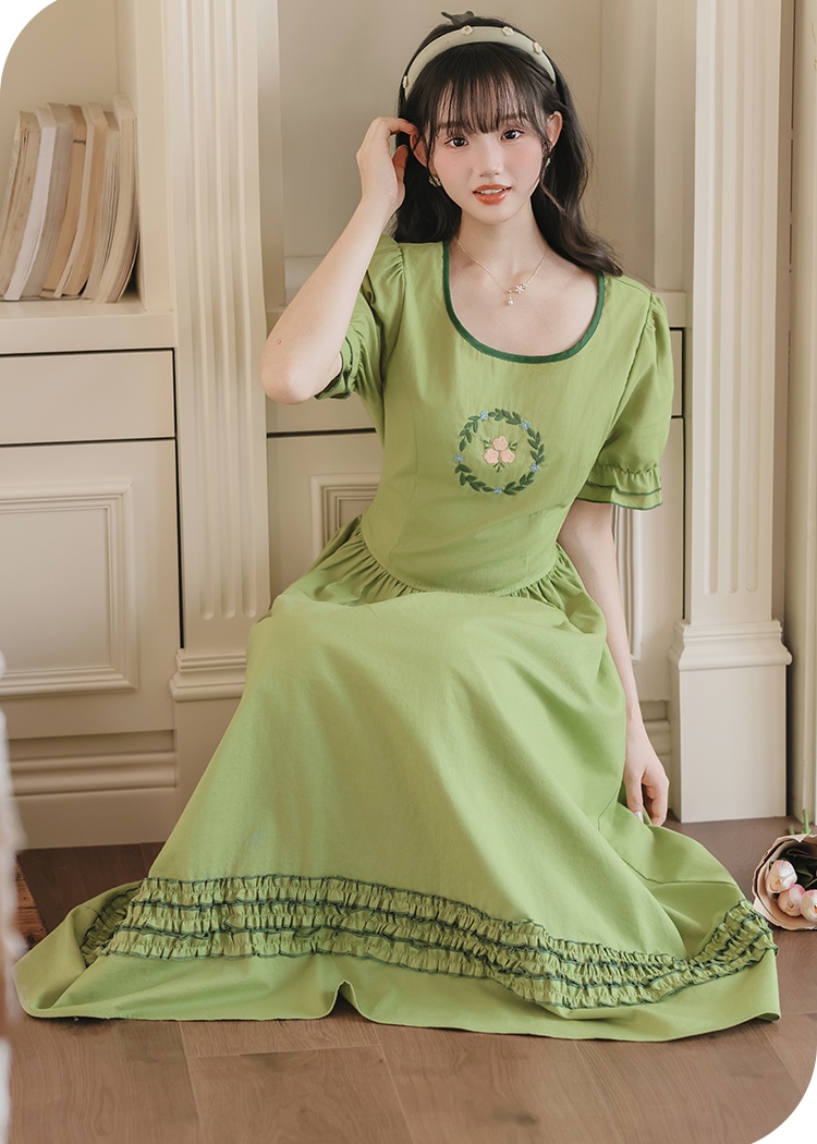 Pastoral style) slim dress pinched waist long dress