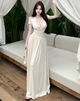 Lace niche sexy dress splice slim V-neck long dress