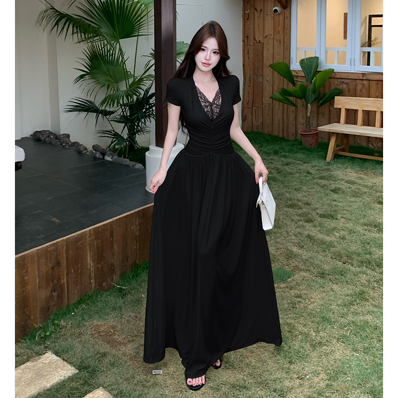 Lace niche sexy dress splice slim V-neck long dress