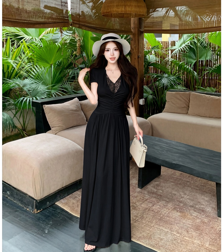Lace niche sexy dress splice slim V-neck long dress
