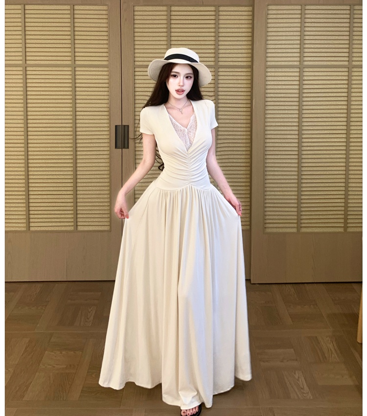 Lace niche sexy dress splice slim V-neck long dress