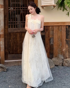 Flowers stereoscopic long dress white light luxury dress