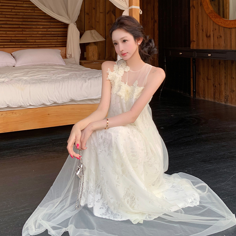 Flowers stereoscopic long dress white light luxury dress