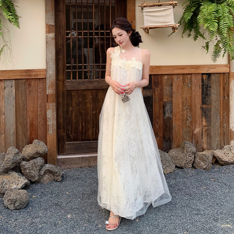 Flowers stereoscopic long dress white light luxury dress