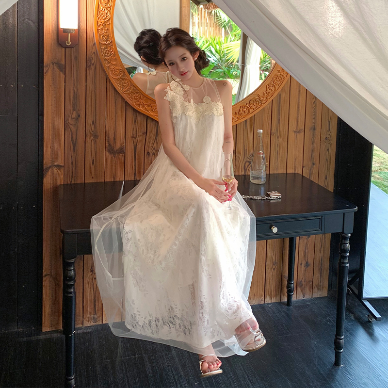 Flowers stereoscopic long dress white light luxury dress