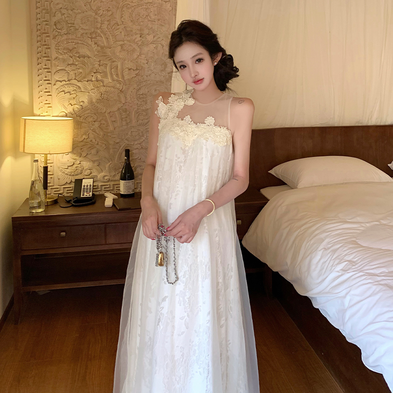 Flowers stereoscopic long dress white light luxury dress