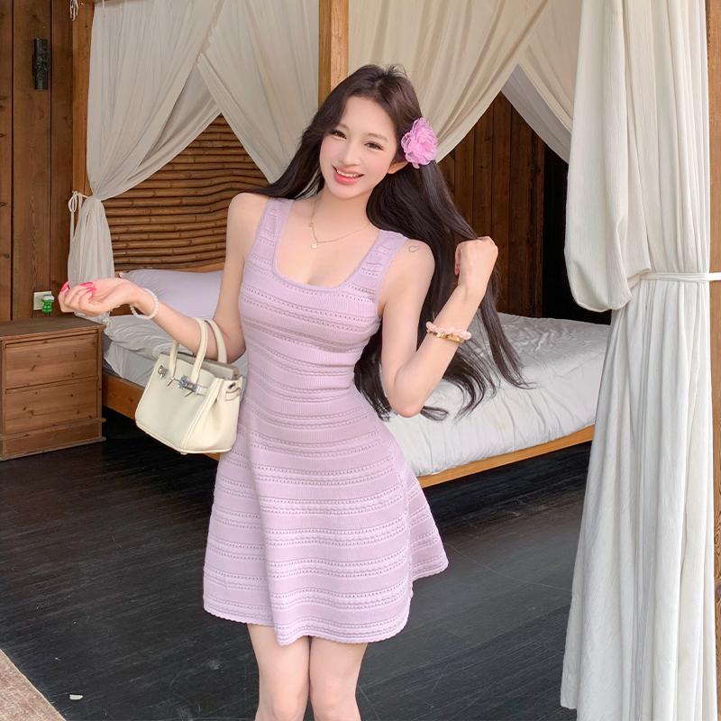 Sleeveless was white dress knitted temperament T-back for women