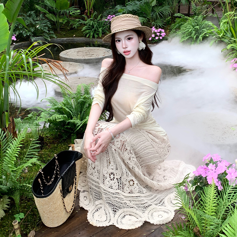 Crochet fashion tops sunscreen long skirt 2pcs set