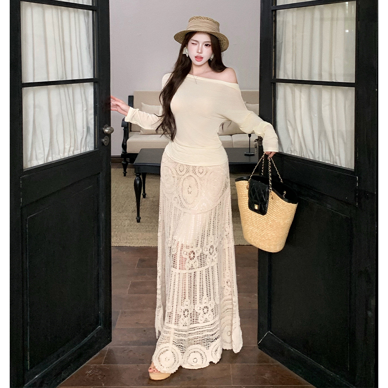 Crochet fashion tops sunscreen long skirt 2pcs set