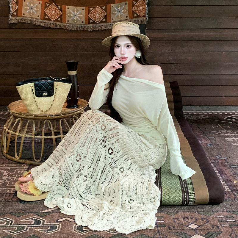 Crochet fashion tops sunscreen long skirt 2pcs set