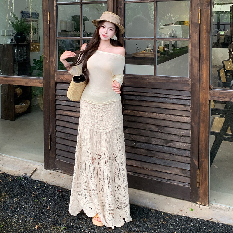 Crochet fashion tops sunscreen long skirt 2pcs set