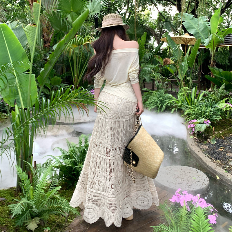 Crochet fashion tops sunscreen long skirt 2pcs set