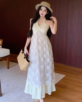 Embroidery cotton halter sandy beach lace dress