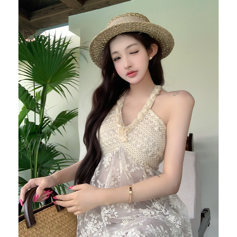 Embroidery cotton halter sandy beach lace dress