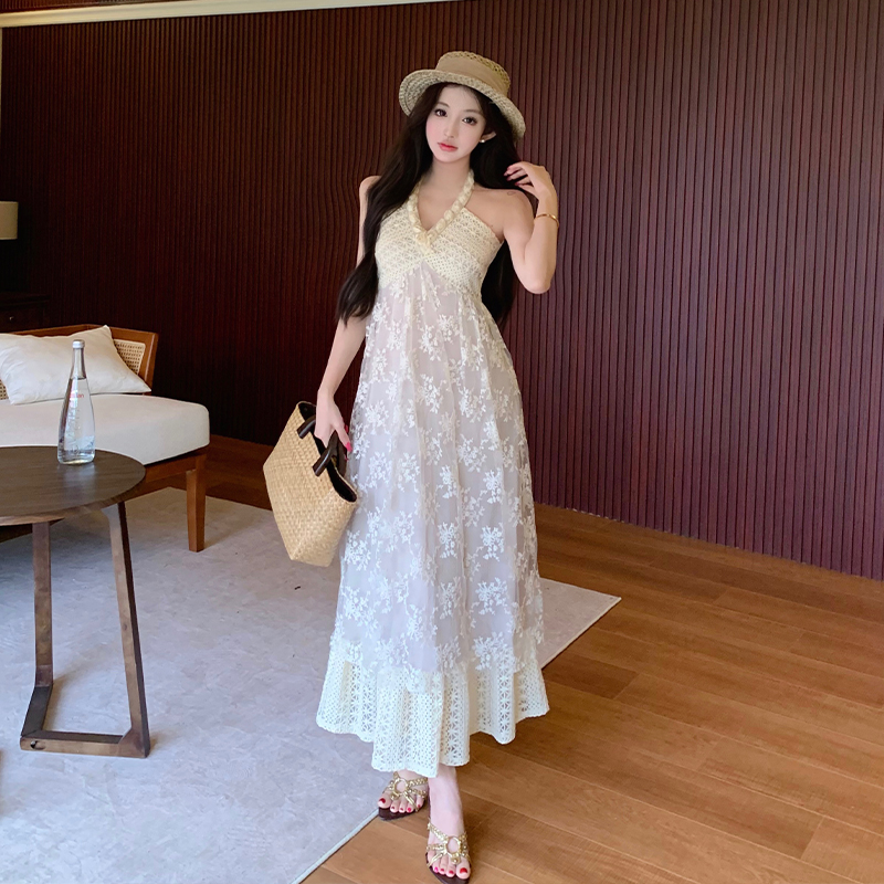 Embroidery cotton halter sandy beach lace dress