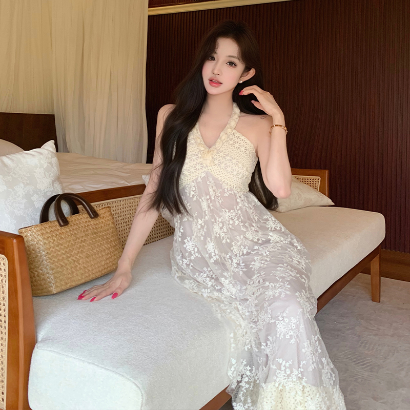Embroidery cotton halter sandy beach lace dress
