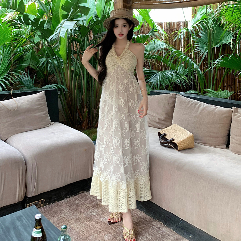 Embroidery cotton halter sandy beach lace dress