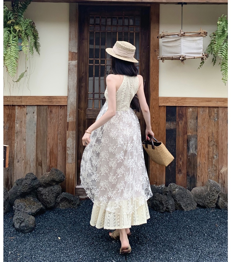Embroidery cotton halter sandy beach lace dress