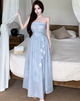 Slim vacation dress wrapped chest blue long dress