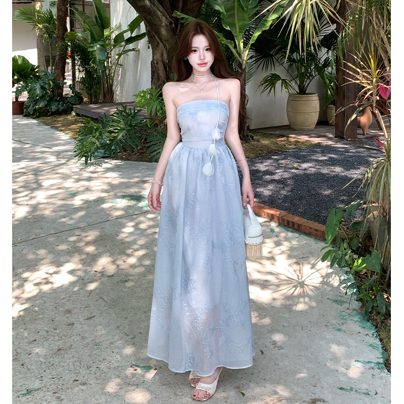 Slim vacation dress wrapped chest blue long dress