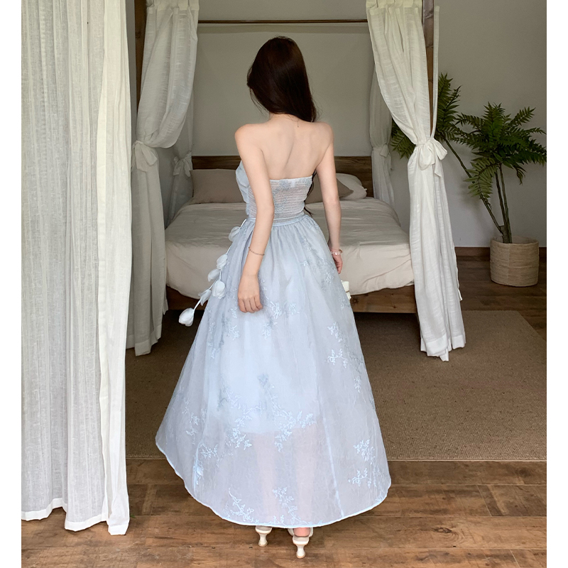 Slim vacation dress wrapped chest blue long dress