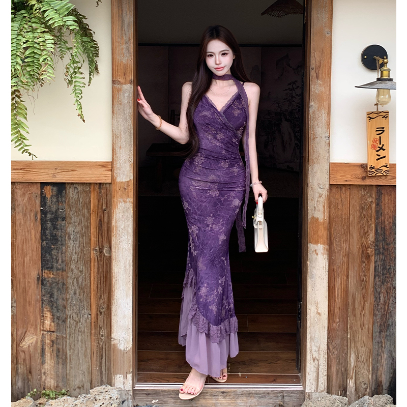 Burning flowers sling long dress temperament dress for women