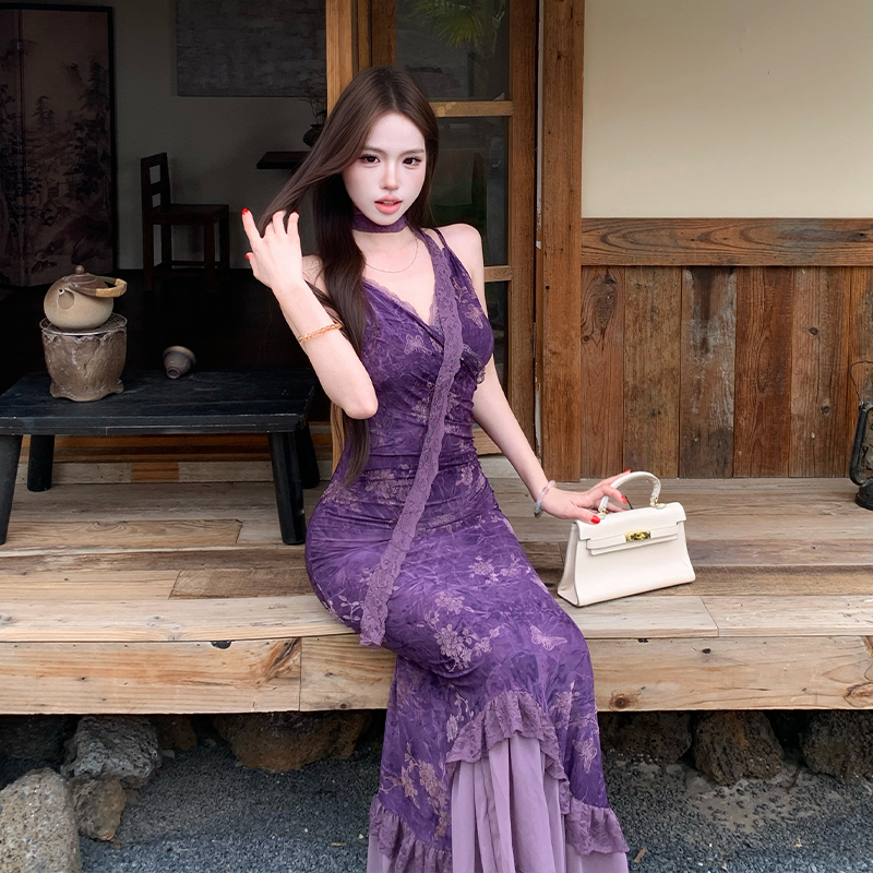 Burning flowers sling long dress temperament dress for women