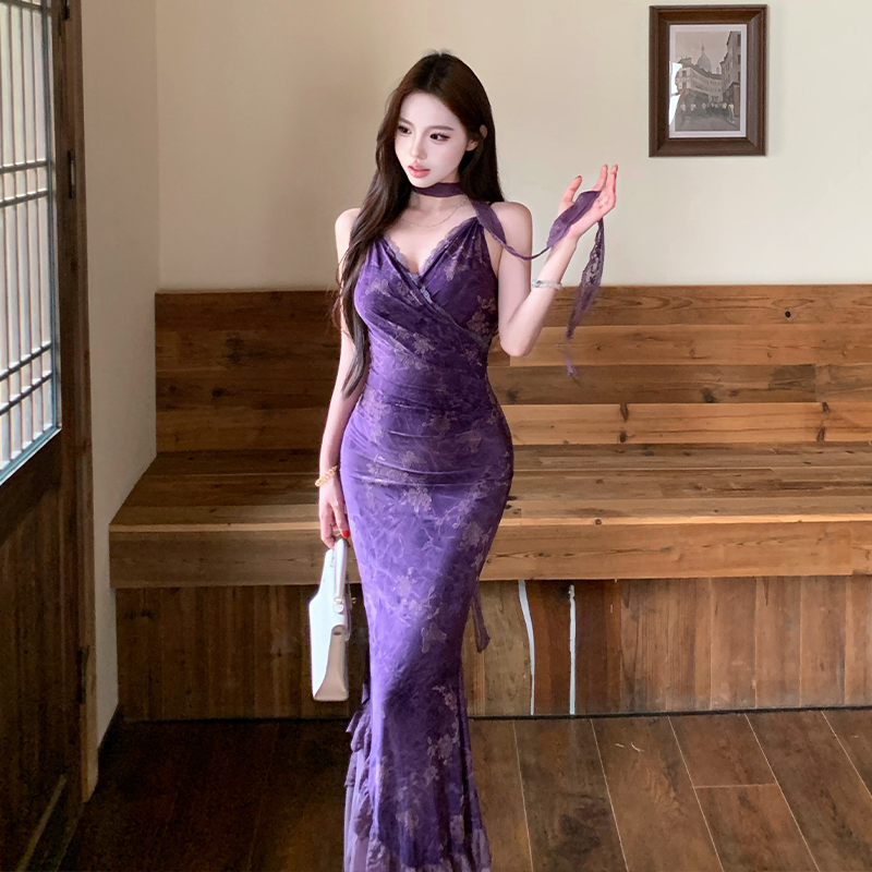 Burning flowers sling long dress temperament dress for women