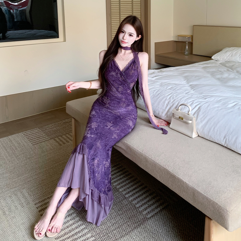 Burning flowers sling long dress temperament dress for women