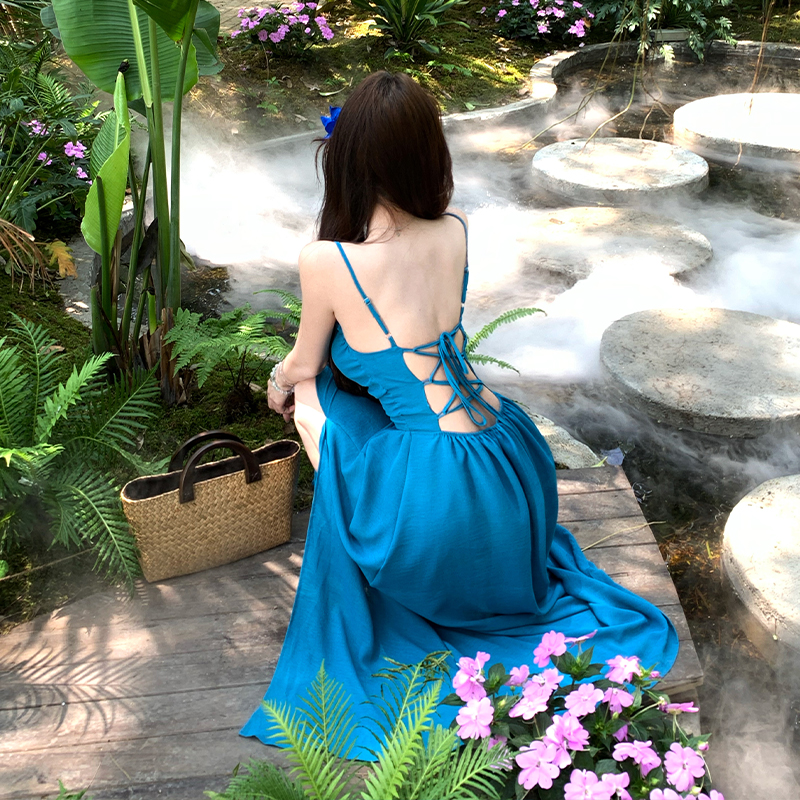 Bandage vacation beading dress halter seaside long dress