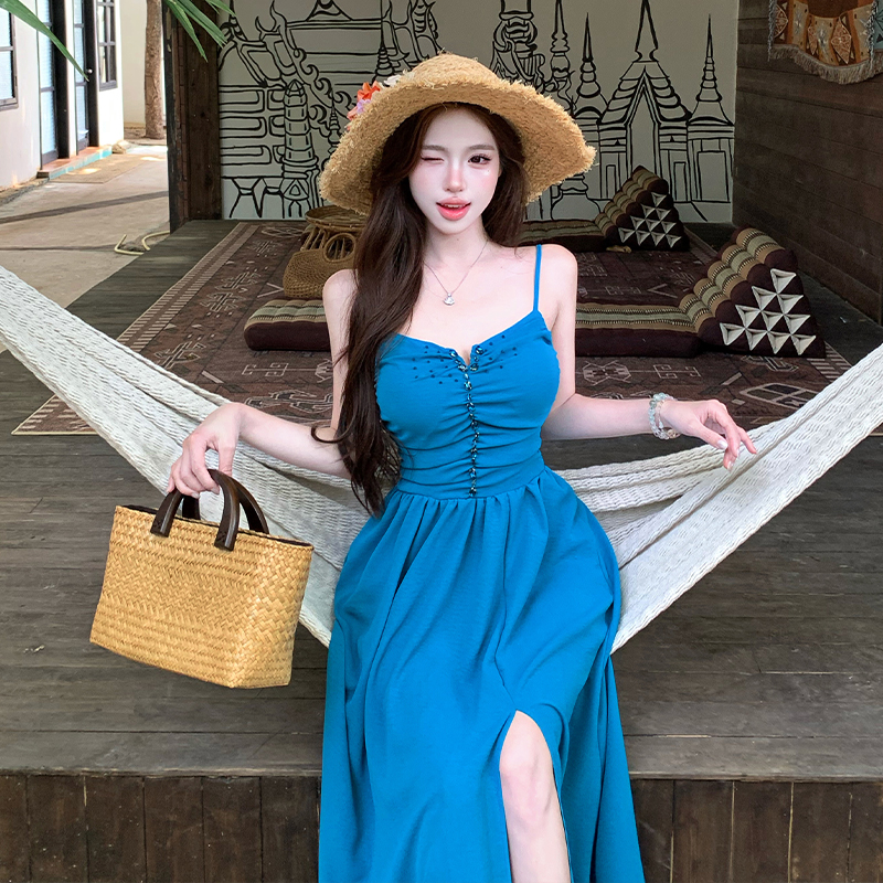 Bandage vacation beading dress halter seaside long dress