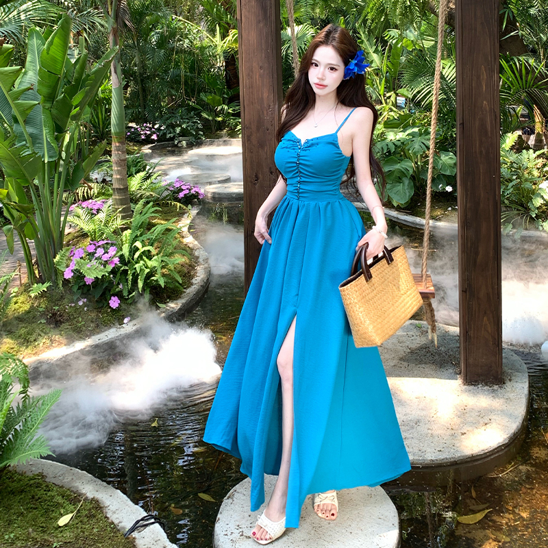 Bandage vacation beading dress halter seaside long dress