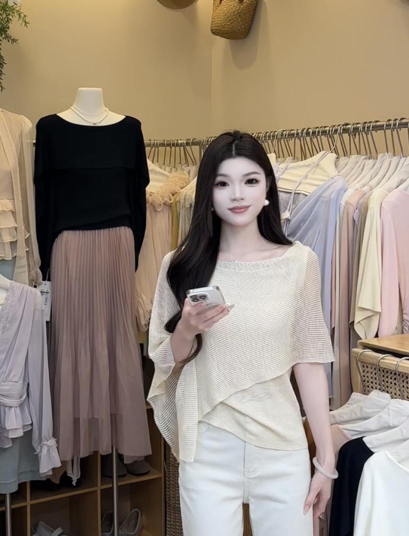 Splice Pseudo-two shawl summer Korean style tops for women