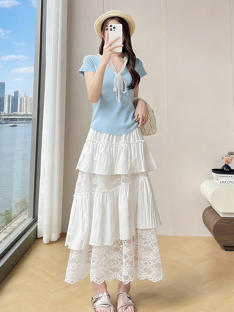 Summer lace laminated irregular splice high waist skirt