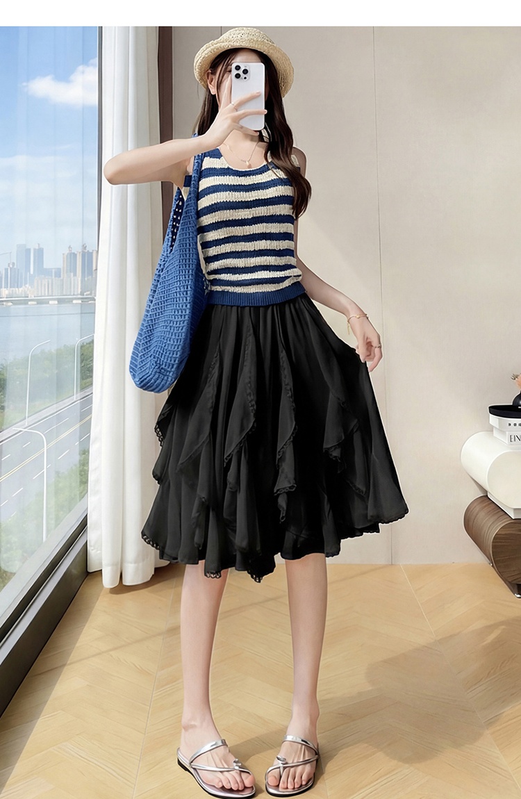 White splice elegant high waist A-line skirt