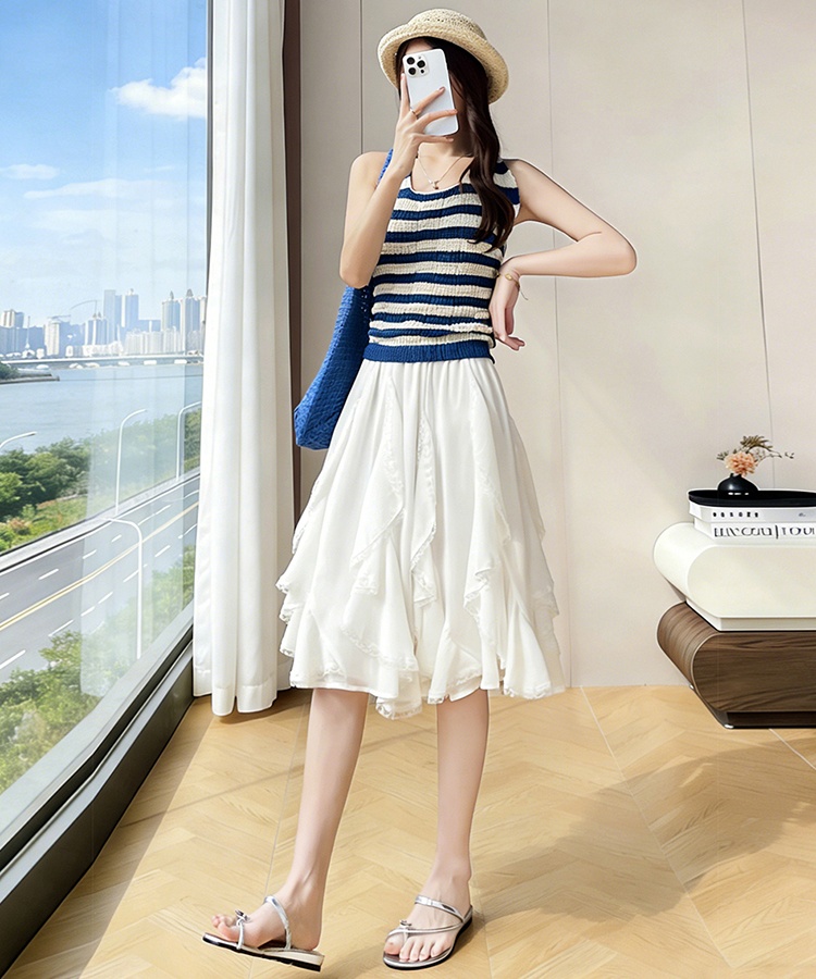 White splice elegant high waist A-line skirt