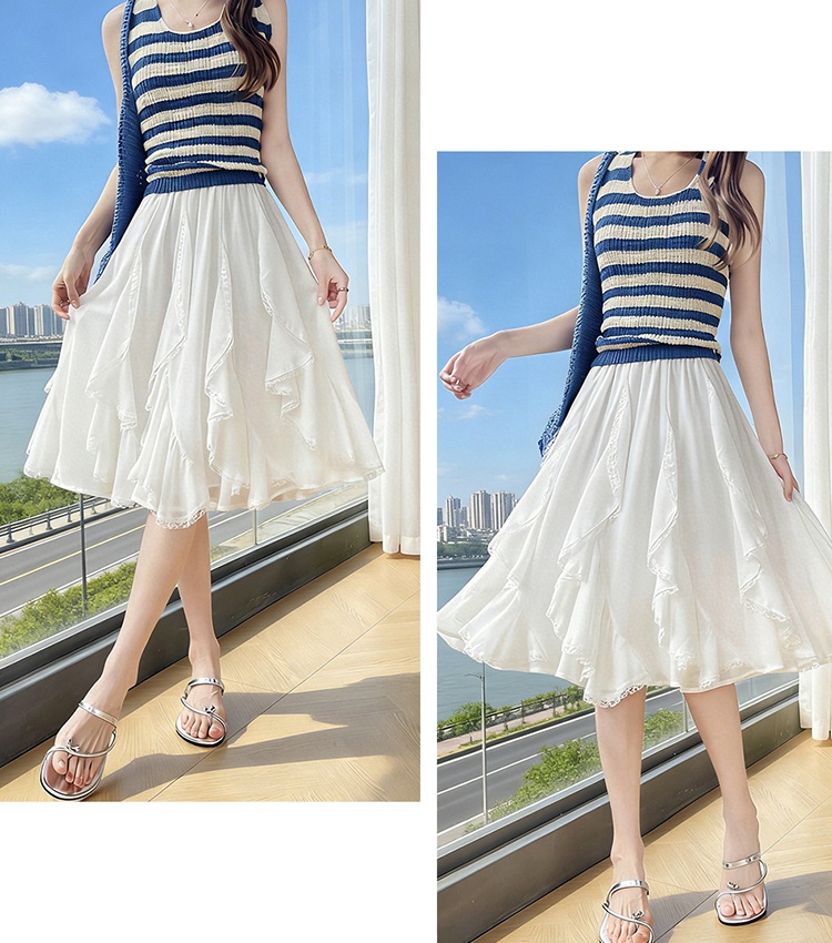 White splice elegant high waist A-line skirt