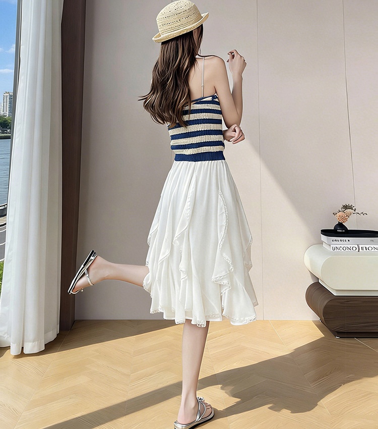 White splice elegant high waist A-line skirt