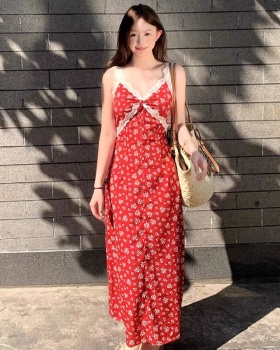 Sweet sling V-neck dress vacation retro sexy long dress