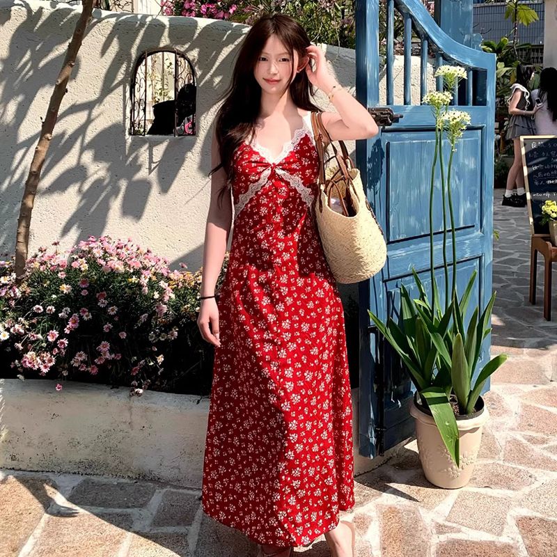 Sweet sling V-neck dress vacation retro sexy long dress