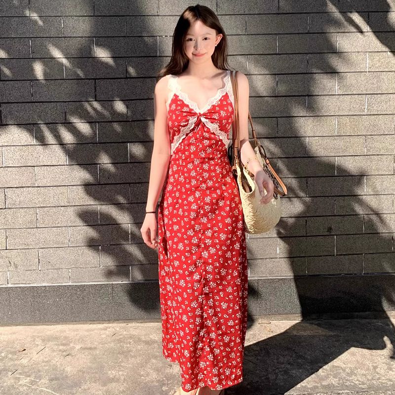 Sweet sling V-neck dress vacation retro sexy long dress