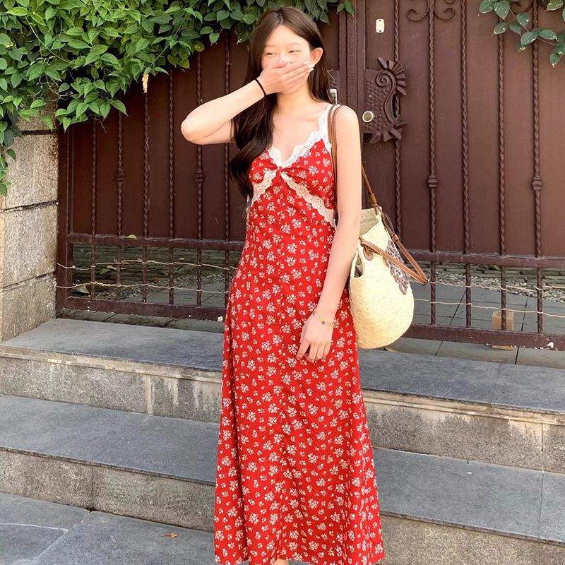 Sweet sling V-neck dress vacation retro sexy long dress