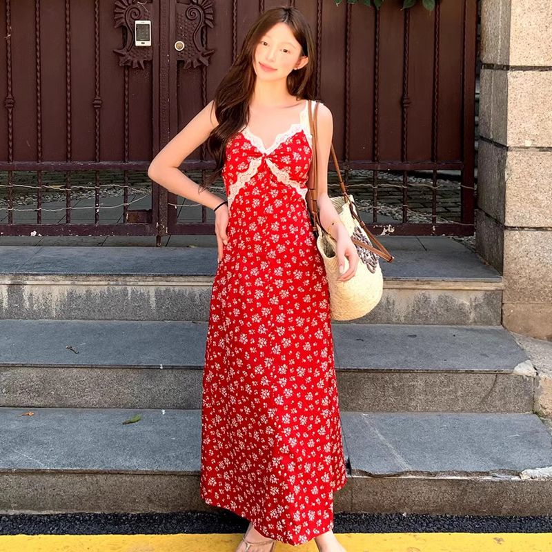 Sweet sling V-neck dress vacation retro sexy long dress