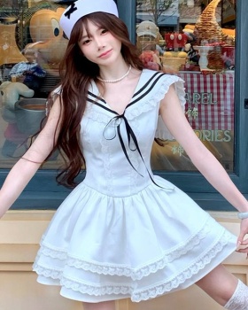 Thick and disorderly navy collar T-back lace summer dress