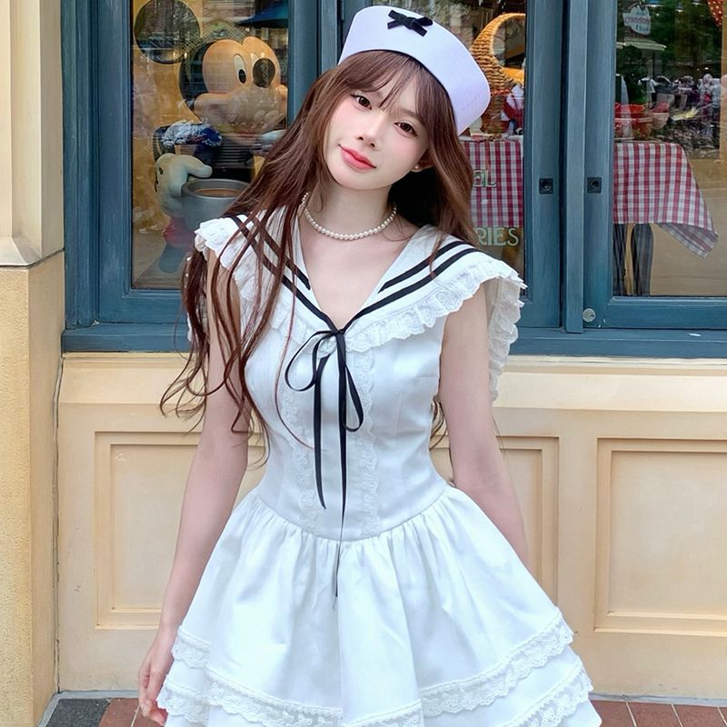 Thick and disorderly navy collar T-back lace summer dress